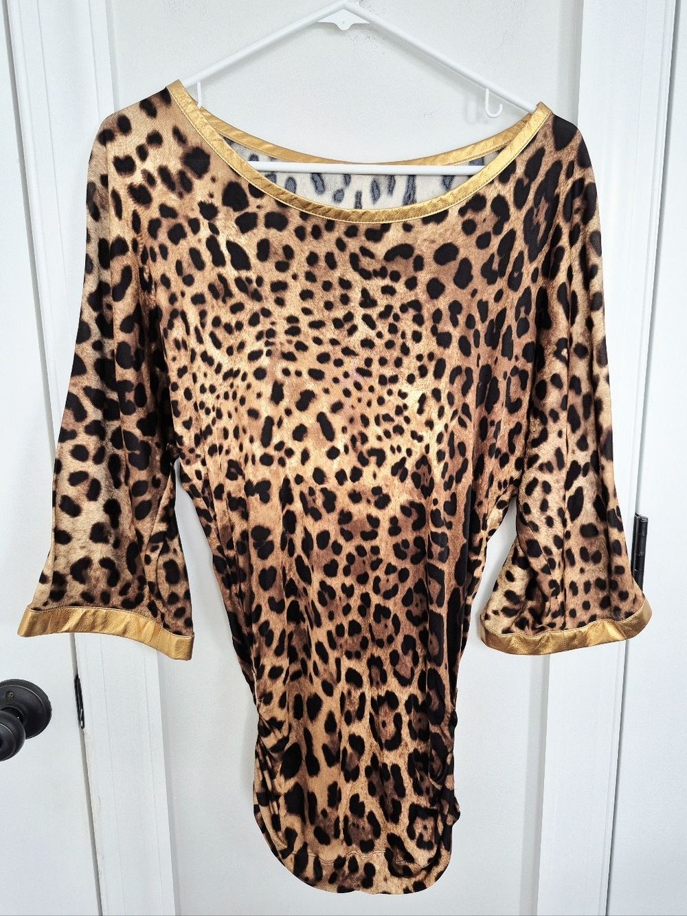 Vtg 90s D&G Leopard Rose Gold Leather Trim 3/4 Flared Slv Tunic Top Luxury Retro - Picture 10 of 11